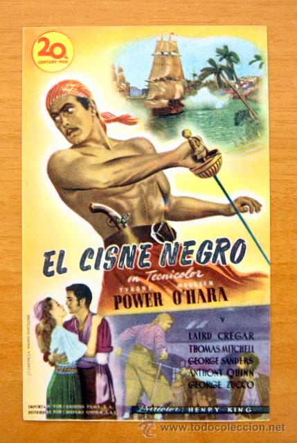 Folhetos de m&atilde;o de filmes antigos de cinema: El Cisne Negro - Tyrone Power, Maureen O&acute;Hara -Folleto Con publicidad Cine Echegaray, M&aacute;laga