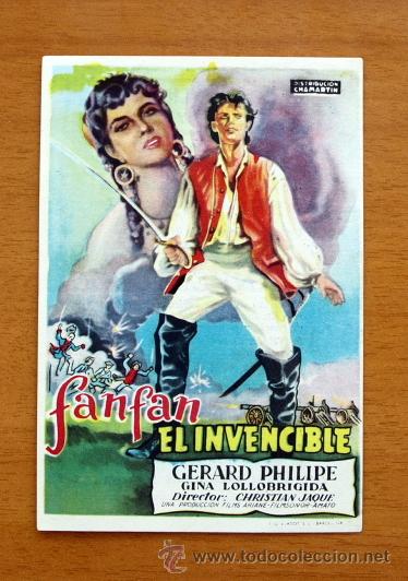  Flyers Publicitaires de films Anciens: Fanfan el Invencible - Gerard Philipe, Gina Lollobrigida - Con publicidad Cine Avenida Bayona