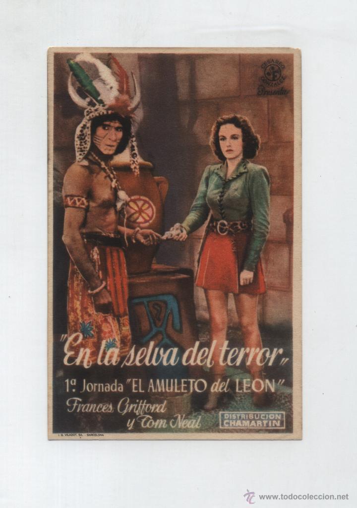 Folhetos de m&atilde;o de filmes antigos de cinema: En la selva del terror 1&ordf; jornada.  El amuleto del leon.