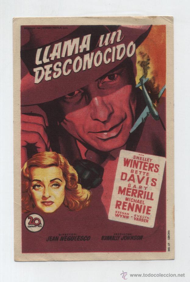 Cine: Llama un desconocido. Solig&oacute;. Sencillo de 20Th Century. Gran Cinema Coca 1954.