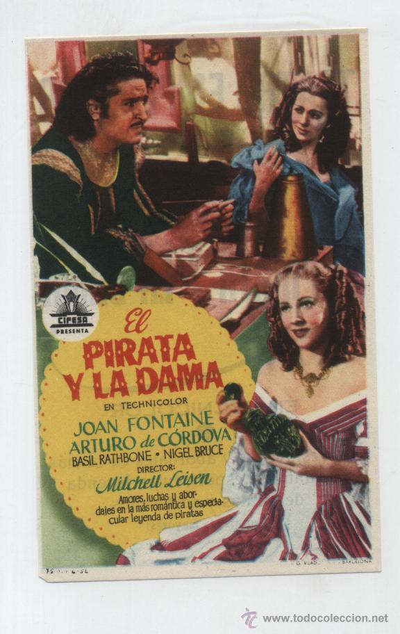 Folhetos de m&atilde;o de filmes antigos de cinema: El Pirata y La Dama. Sencillo de Cifesa.  Cine Mari - Le&oacute;n  1953.