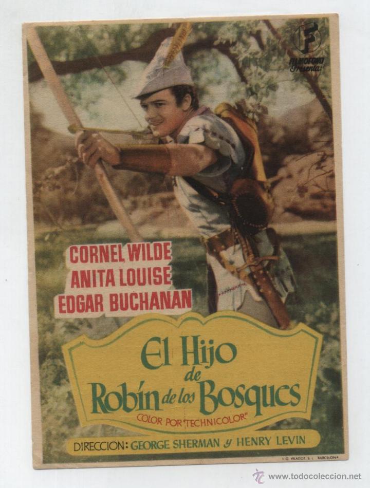 Folhetos de m&atilde;o de filmes antigos de cinema: El Hijo de Robin de los Bosques. Sencillo mde Fim&aacute;fono. Teatro Villafranquino 1951.