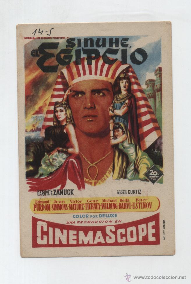 Cine: Sinuhe El Egipcio. Solig&oacute;. Sencillo de 20Th Century Fox.  Cine Turia - Valencia  1956.