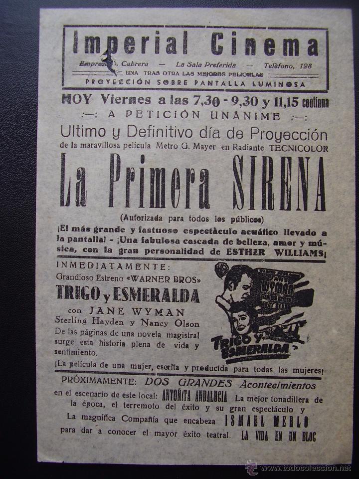 Cine: TRIGO Y ESMERALDA, JANE WYMAN,  FOLLETO DE MANO LOCAL
