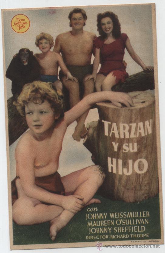 Folhetos de m&atilde;o de filmes antigos de cinema: Tarzan y su Hijo. Sencillo de MGM.Espa&ntilde;ol y Palacio - Valencia  1944.