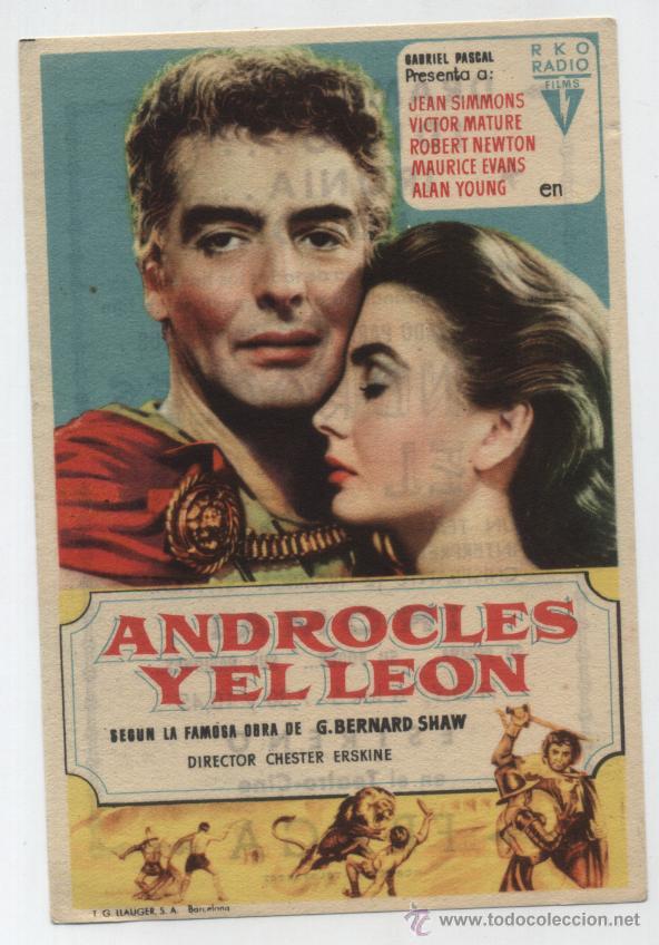 Folhetos de m&atilde;o de filmes antigos de cinema: Androcles y el Le&oacute;n. Sencillo de RKO Radio. Teatro - Cine Fraga.