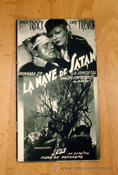 Folhetos de m&atilde;o de filmes antigos de cinema: La nave de Sat&aacute;n - Spencer Tracy, Claire Trevor - Publicidad Teatro Cine Cervantes - Ribarroja