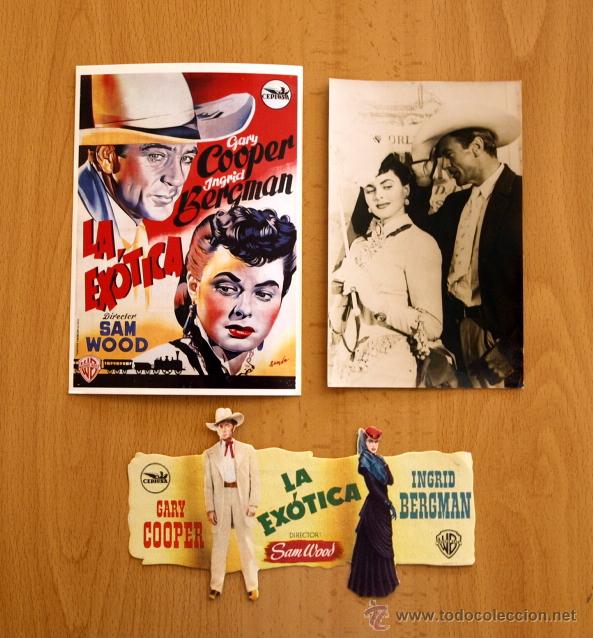  Flyers Publicitaires de films Anciens: La ex&oacute;tica - Gary Cooper, Ingrid Bergman - 2 postales + 1 programa troquelado con publicidad