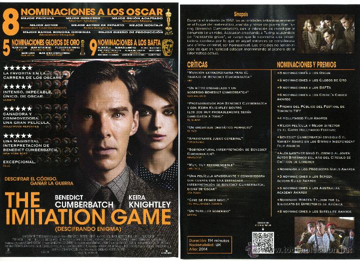 Cine: DESCIFRANDO ENIGMA (THE IMITATION GAME), con Keira Knightley. 15 X 21 cms.