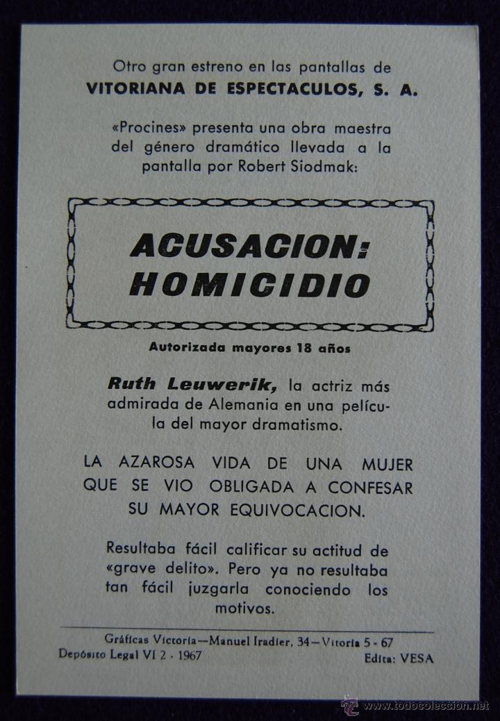 Cine: PROGRAMA DE CINE DE MANO. ORIGINAL. ACUSACION: HOMICIDIO. RUTH LEUWERIK. - Foto 2