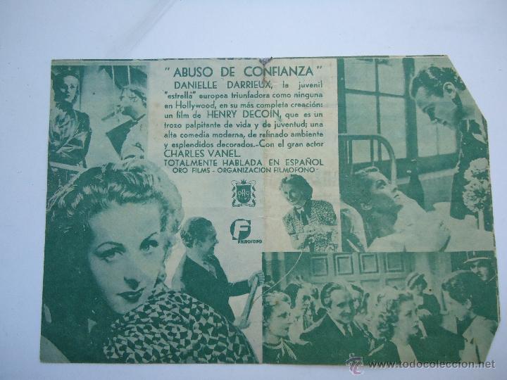 Cine: PROGRAMA DE CINE,ABUSO DE CONFIANZA, CON DANIELLE DARRIEUX, CON PUBLICIDAD. ES DOBLE, - Foto 2