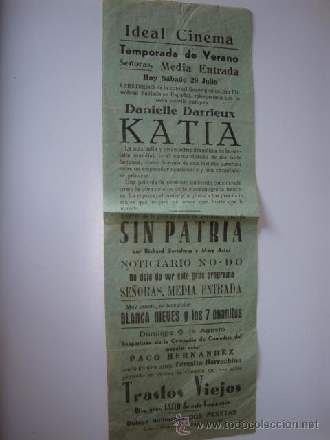 Cine: ANTIGUO PROGRAMA TIPO CARTEL DOBLE A&Ntilde;OS 40/50 KATIA Y SIN PATRIA IDEAL CINEMA ELCHE