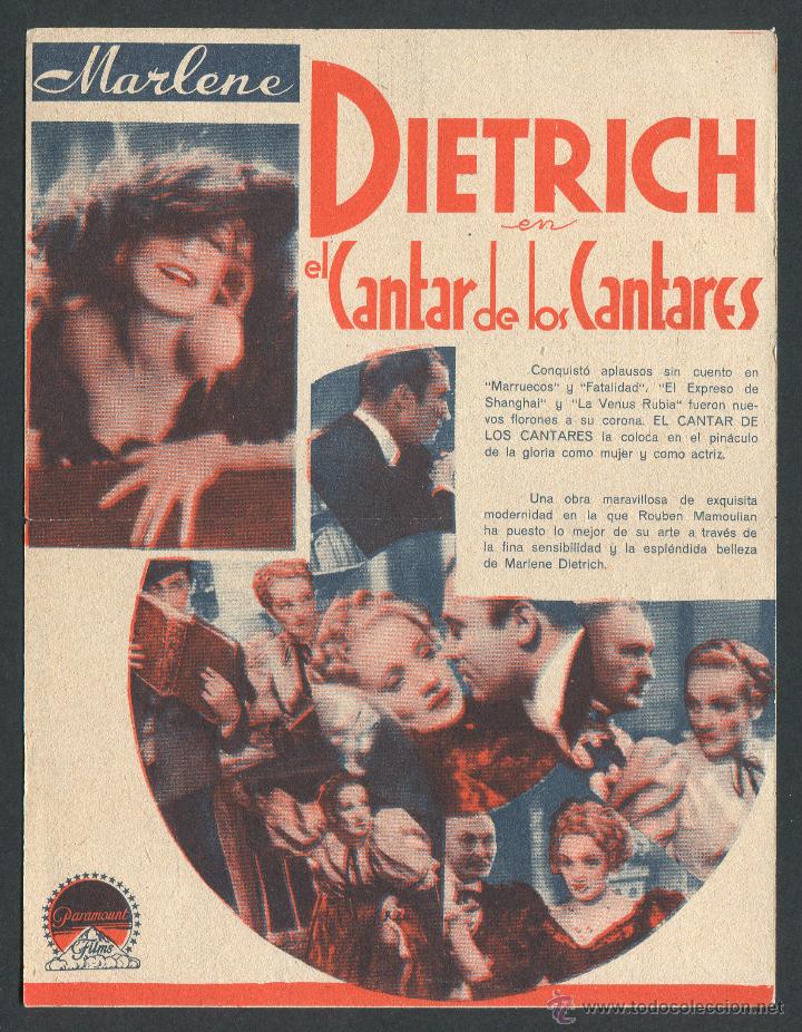 Cine: EL CANTAR DE LOS CANTARES PROGRAMA DOBLE PARAMOUNT MARLENE DIETRICH - Foto 2