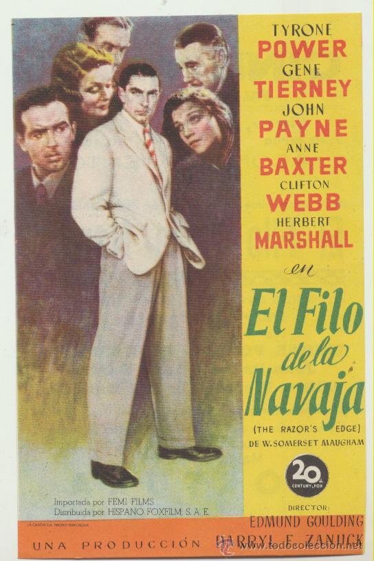  Foglietti di film di film antichi di cinema: El Filo de la Navaja. Sencillo de 20Th Century Fox. Cine Mari - Le&oacute;n  1948.  &iexcl;IMPECABLE!