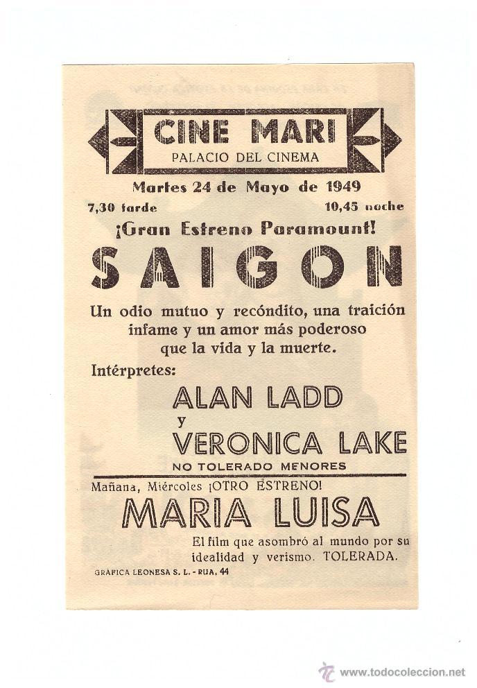 Cine: Saigon. Sencillo de Mercurio.  Cine Mari - Le&oacute;n  1949.  &iexcl;IMPECABLE! - Foto 2