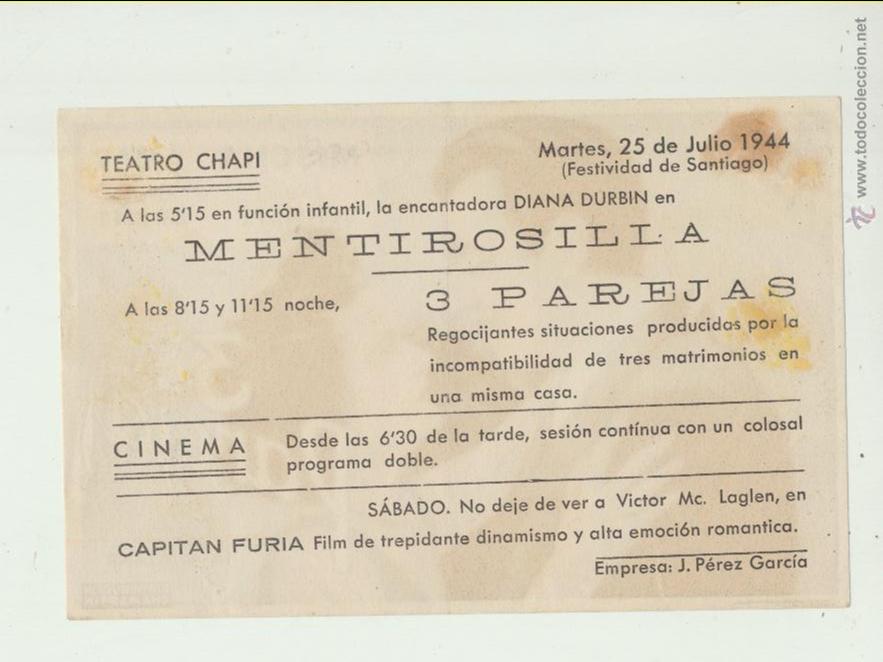Cine: 3 Parejas. Sencillo de Chamart&iacute;n. Teatro Chap&iacute;  1944. - Foto 2