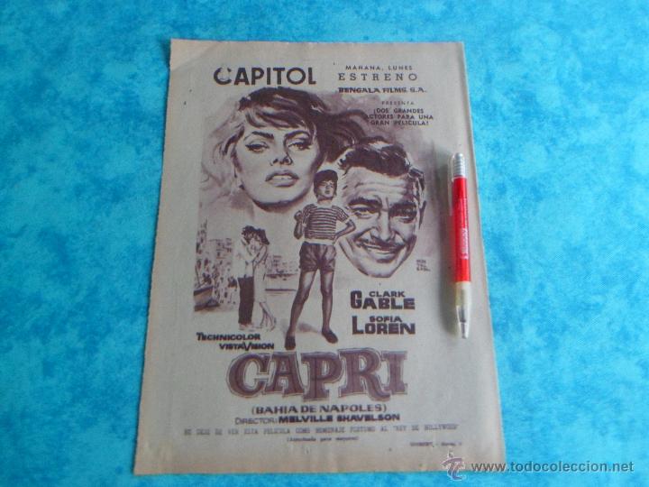 Cine: CAPRI ~ SOFIA LOREN ~ CLARK  GABLE ~PUBLICIDAD ORIGINAL DE PRENSA ~ESTRENO EN CINES ~16-MARZO-1961