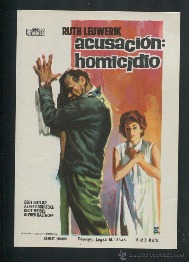 Cine: PROGRAMA DE CINE DE MANO. ORIGINAL. ACUSACION: HOMICIDIO. RUTH LEUWERIK. - Foto 1