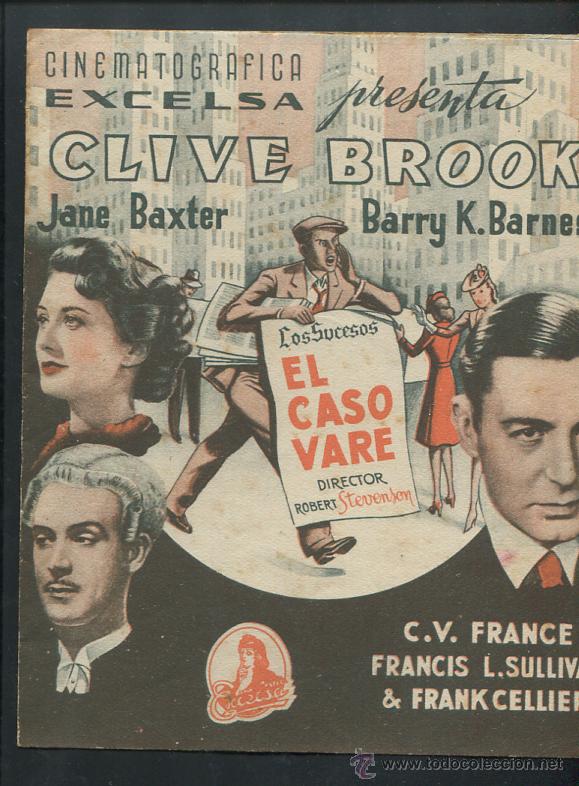 Folhetos de m&atilde;o de filmes antigos de cinema: PROGRAMA El caso Vare - Clive Brook, Jane Baxter, Barry K.Barnes - Con publicidad