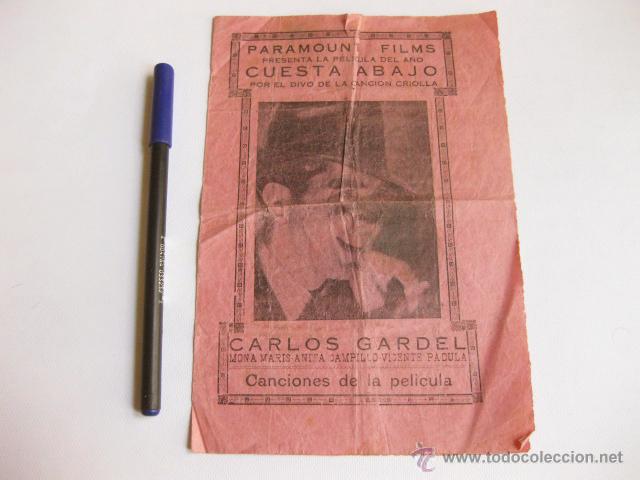 Cine: Programa de la pel&iacute;cula Cuesta abajo. Carlos Gardel. Paramount. Madrid. - Foto 1