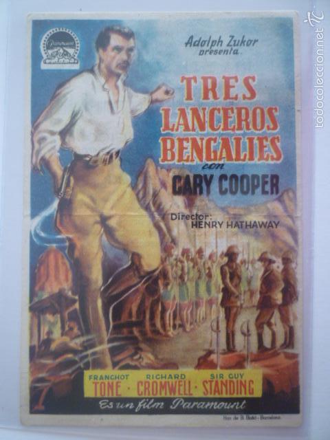 Cine: PROGRAMA DE CINE TRES LANCEROS BENGALIES CON GARY COOPER. PUBLICIDAD REX.