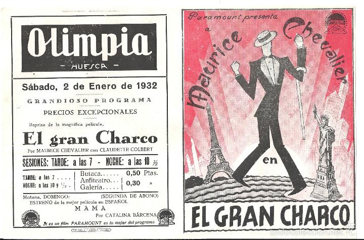 Cine: PTCC 407 EL GRAN CHARCO PROGRAMA DOBLE PARAMOUNT MAURICE CHEVALIER CLAUDETTE COLBERT a - Foto 1