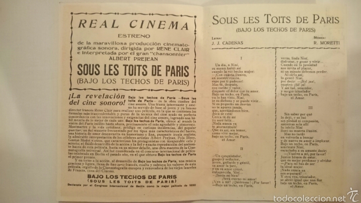 Cine: Programa de mano Sous les toits de paris. Publicidad Real Cinema - Foto 2