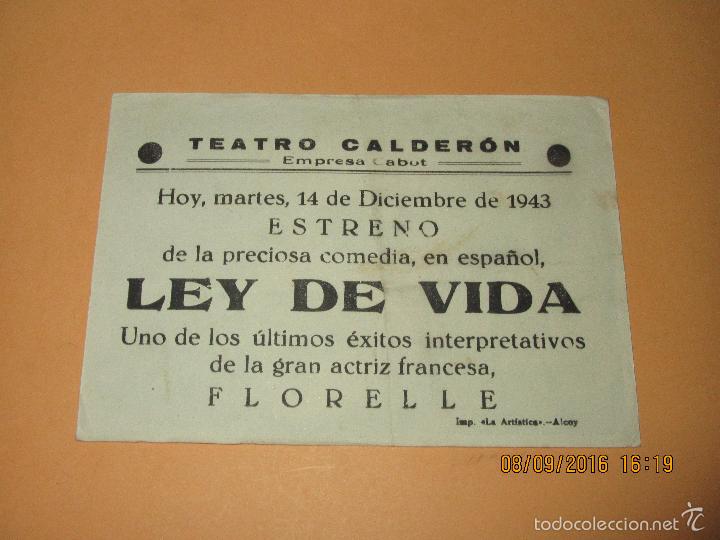 Cine: Antiguo Programa de Cine  *LEY DE VIDA* Teatro Calder&oacute;n  de 1943 - Foto 2