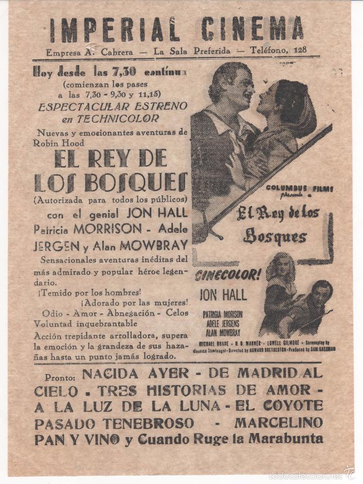 Cine: Antiguo Programa  de cine local de la pel&iacute;cula El Rey de los Bosques ( Aventuras de Robin Hood )
