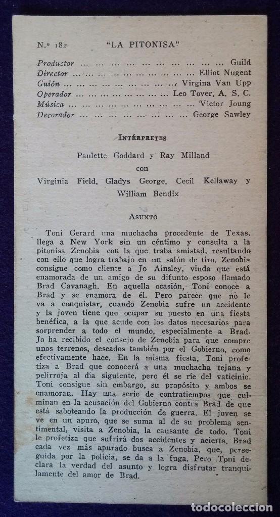 Cine: PROGRAMA DE CINE ORIGINAL. LA PITONISA. FICHA-TARJETA N&deg; 182 - Foto 2