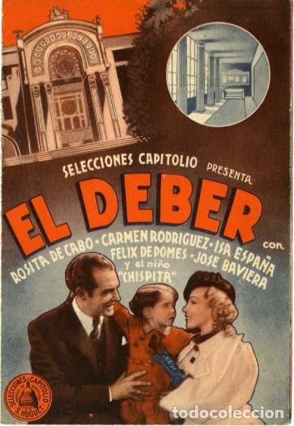 Cine: EL DEBER. PROGRAMA DOBLE. REVERSO SIN IMPRIMIR. ORIGINAL DE EPOCA. - Foto 1