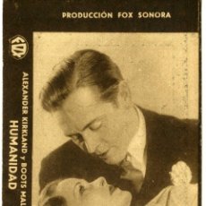 Cine: HUMANIDAD. PROGRAMA SENCILLO. CARTULINA. REVERSO CINEMA COCA 1934. Lote 217316940