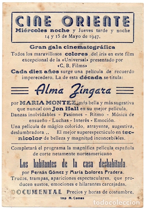 Cine: PRO001 ALMA Z&Iacute;NGARA. PROGRAMA DE MANO. MAR&Iacute;A MONTEZ. CON PUBLICIDAD - Foto 2