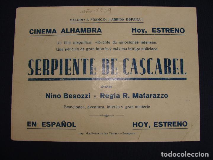 Cine: PROGRAMA DOBLE 1939. SERPIENTE DE CASCABEL. CINE ALHAMBRA ZARAGOZA - Foto 4
