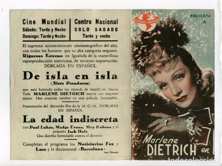 Cine: DE ISLA EN ISLA, con Marlene Dietrich. C/I.