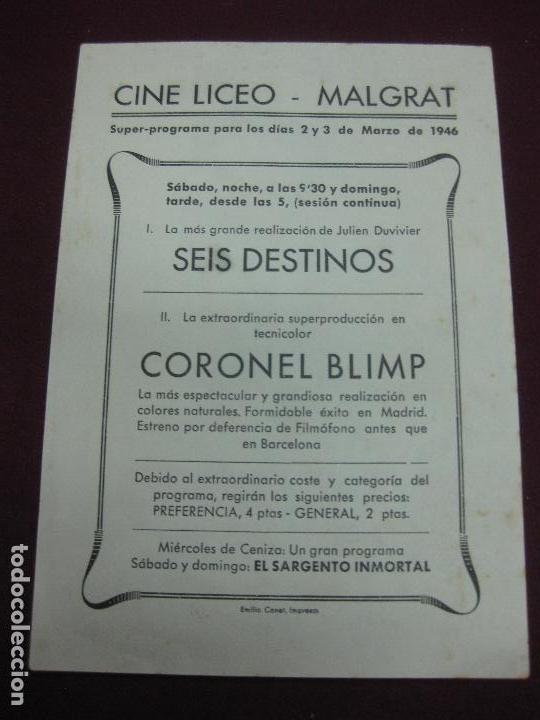 Cine: PROGRAMA DE CINE. CORONEL BLIMP. CINE LICEO, MALGRAT 1946 - Foto 2