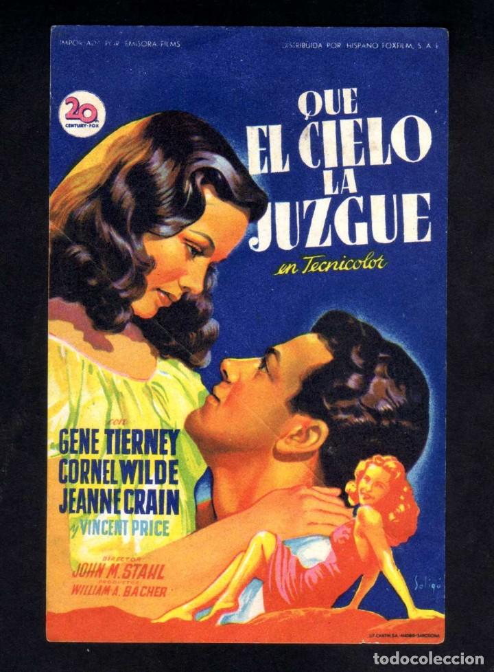 Cine: FOLLETO DE MANO: QUE EL CIELO LA JUZGUE GENE TIERNEY, C.WILDE PUBLI CINE MONUMENTAL MELILLA - SOLIGO