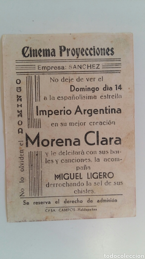 Cine: (Sevilla) Programa Mano - MORENA CLARA. Cine Imperio Argentina - Foto 2