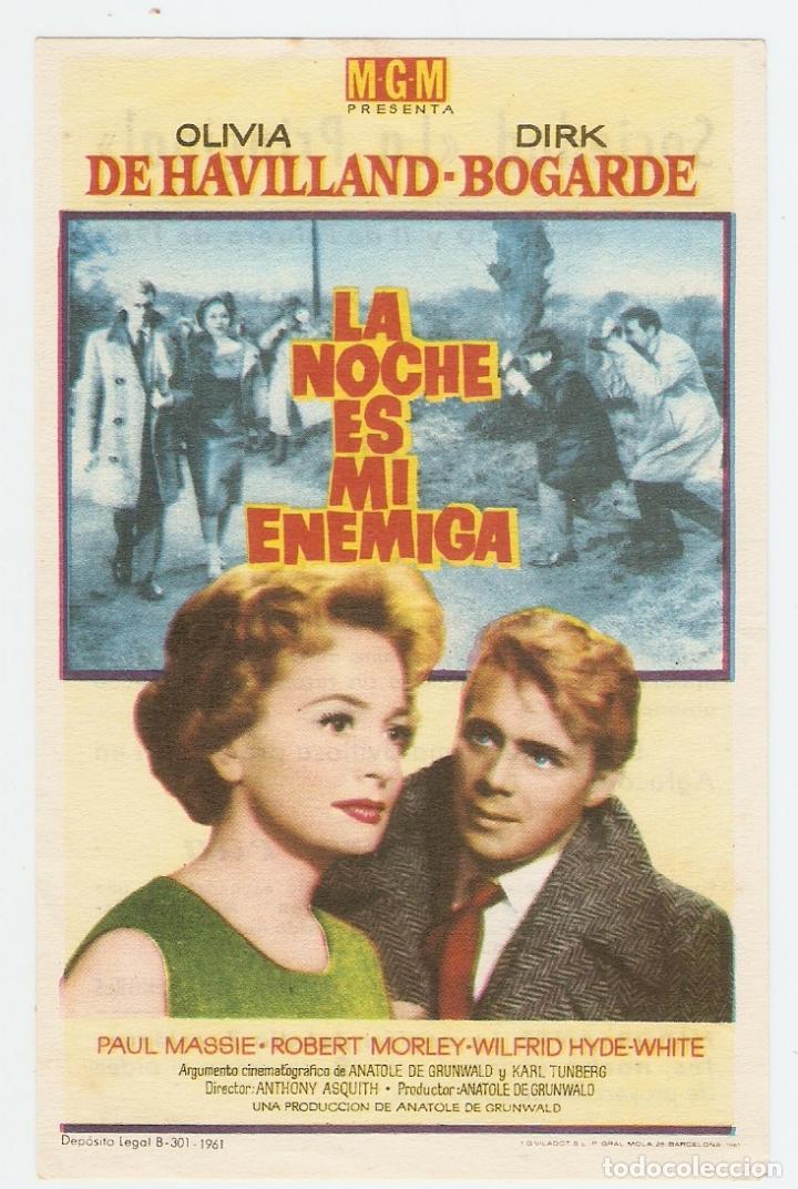 Folhetos de m&atilde;o de filmes antigos de cinema: LA NOCHE ES MI ENEMIGA - OLIVIA DE HAVILLAND, DIRK BOGARDE - ANTHONY ASQUITH -MGM -CINE LA PRINCIPAL