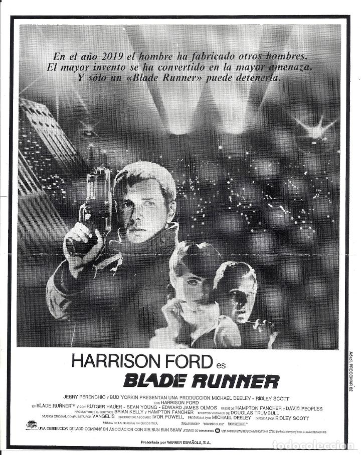 Cine: BLADE RUNNER PROGRAMA CLICHE ORIGINAL WARNER HARRISON FORD RIDLEY SCOTT 9 - Foto 1