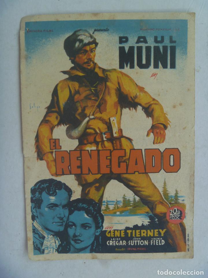 Folhetos de m&atilde;o de filmes antigos de cinema: FOLLETO DE MANO DE EL RENEGADO , CON PAUL MUNI. DETRAS PUBLICIDAD CINE SAN SEBASTIAN , SEVILLA. 1947