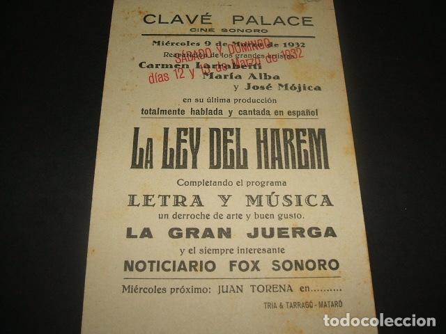 Cine: LA LEY DEL HAREM PROGRAMA DE MANO CLAVE PALACE MATARO BARCELONA 1932 - Foto 2