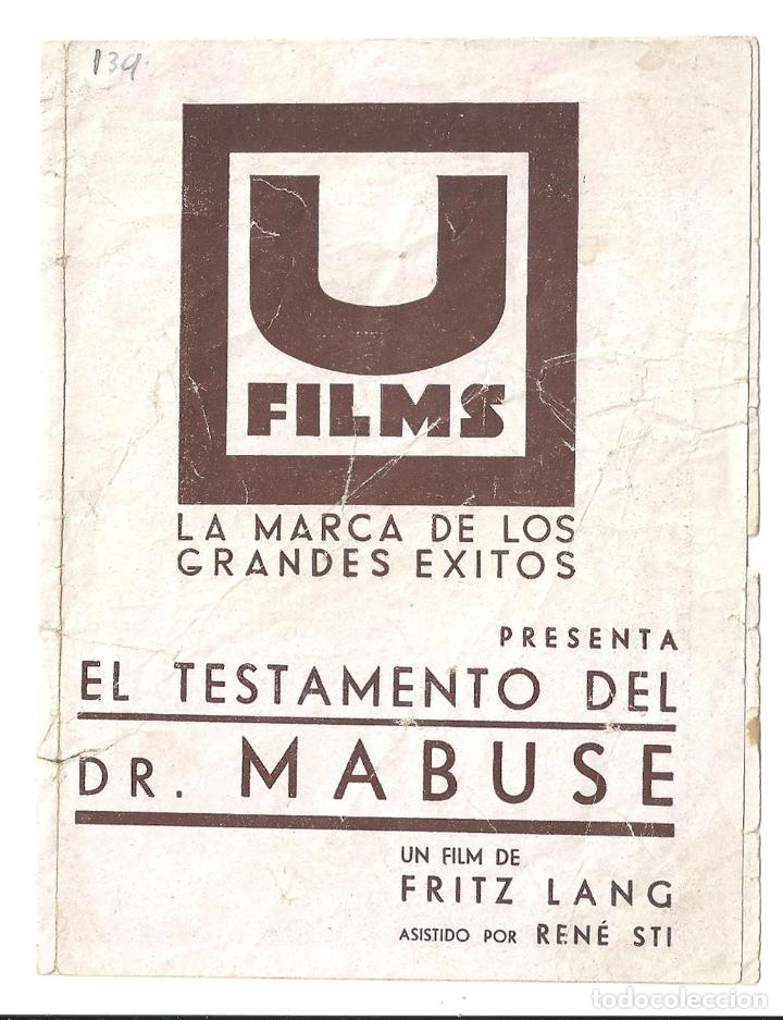 Cine: PTCC6 47 EL TESTAMENTO DEL DR MABUSE PROGRAMA DOBLE U FILMS FRITZ LANG - Foto 2