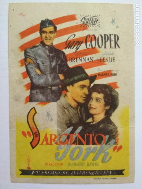 Cine: FOLLETO DE CINE, SARGENTO YORK CON GARY COOPER, ORIGINAL, SIN PUBLICIDAD