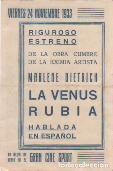 Cine: LA VENUS RUBIA. MARLENE DIETRICH. PROGRAMA ORIGINAL 1933 - Foto 2