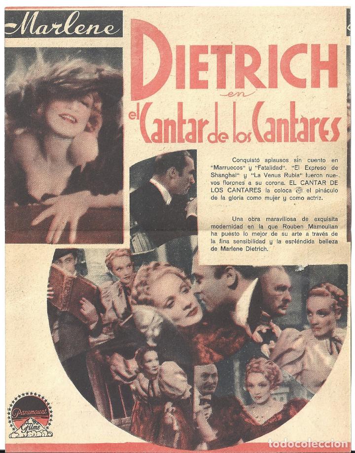 Cine: PTCC 022 EL CANTAR DE LOS CANTARES PROGRAMA DOBLE PARAMOUNT MARLENE DIETRICH - Foto 2