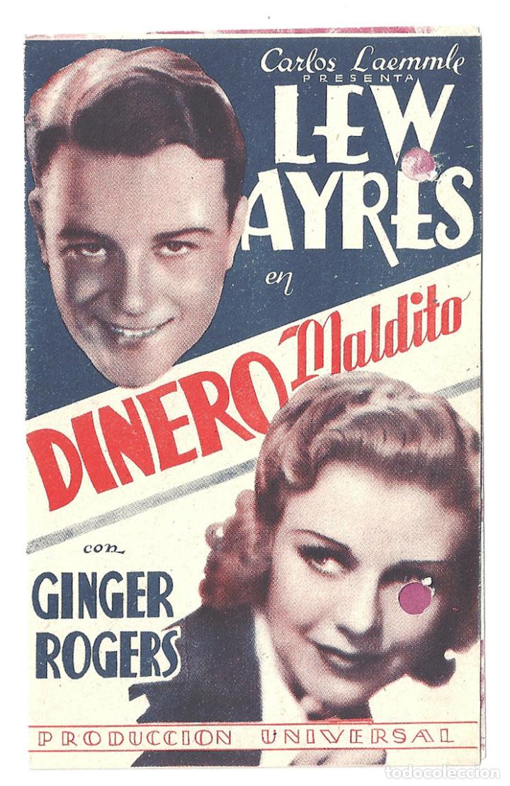 Cine: PTEB 024 DINERO MALDITO PROGRAMA DOBLE UNIVERSAL LEW AYRES GINGER ROGERS - Foto 1