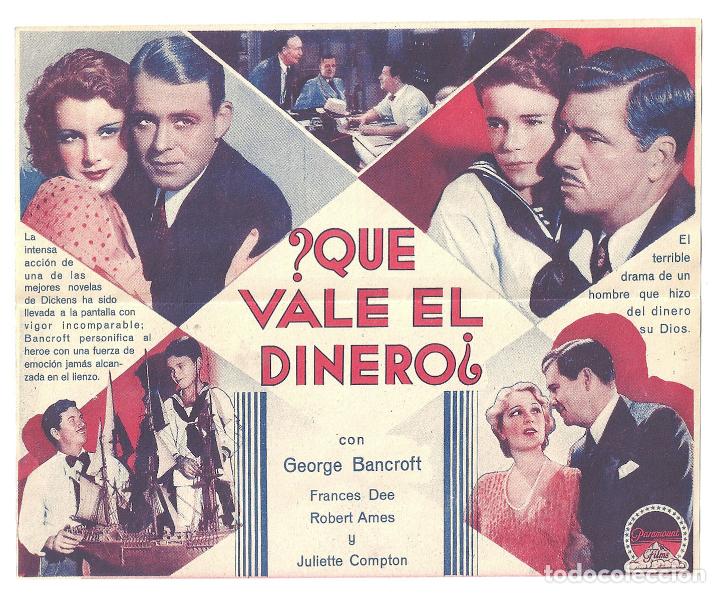 Cine: PTEB 028 QUE VALE EL DINERO PROGRAMA DOBLE PARAMOUNT GEORGE BANCROFT FRANCES DEE ROBERT AMES - Foto 2
