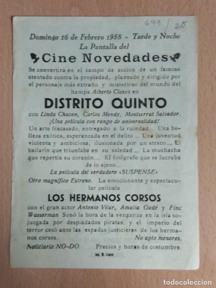 Cine: DISTRITO QUINTO 1958 - PROGRAMA DE MANO SENCILLO CON PUBLICIDAD - Foto 2