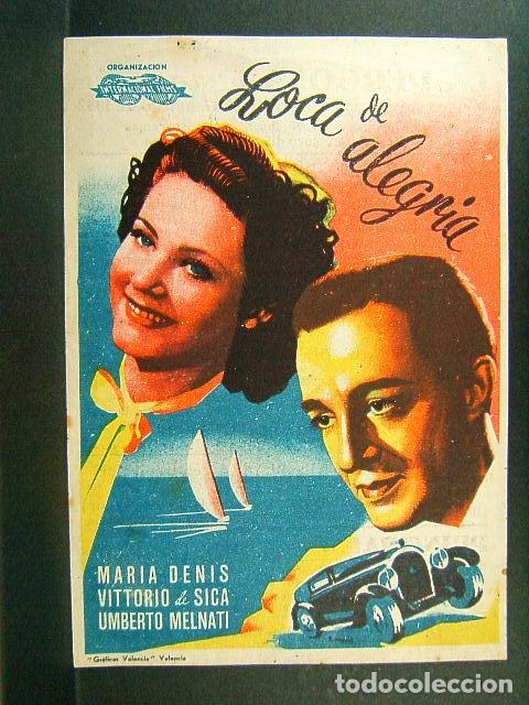 Folhetos de m&atilde;o de filmes antigos de cinema: LOCA DE ALEGRIA-CINE LA PERGOLA-C.L.BRAGAGLIA-MARIA DENIS-VITTORIO DE SICA-UMBERTO MELNATI-1952.